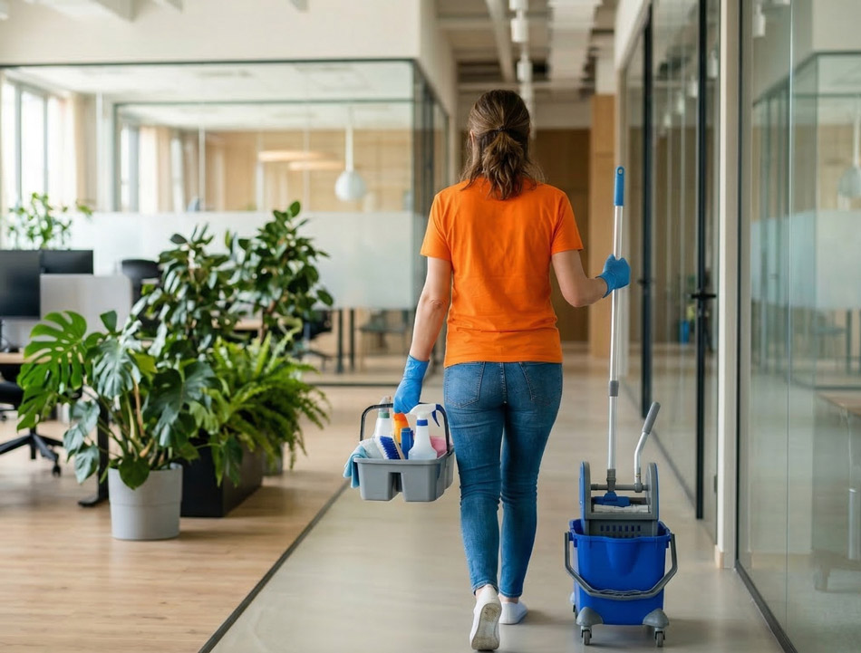 Eine Reinigungskraft bei der Büroreinigung in Nürnberg.
